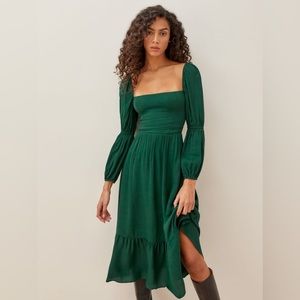 Reformation Mica Emerald Green Long Sleeve Square Neck Midi Dress NWT 2‎